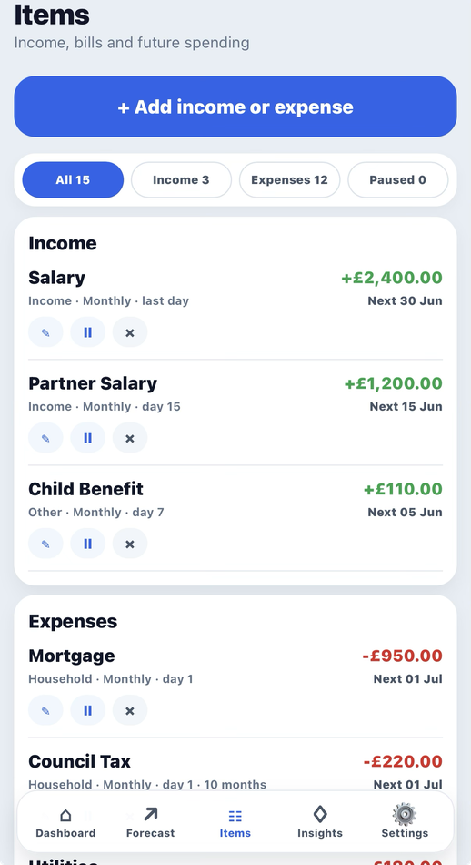 Monatry income and expenses screen